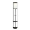 Simple Designs 62.5" Shelf Storage Floor Lamp with 2 USB Charging Ports, 1 Charging Outlet and Linen Shade, Black LF2010-BLK